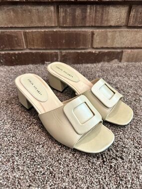VTG Colin Stuart Square Buckle Block Heel Slides Sandals Ivory 091 Y2K Retro